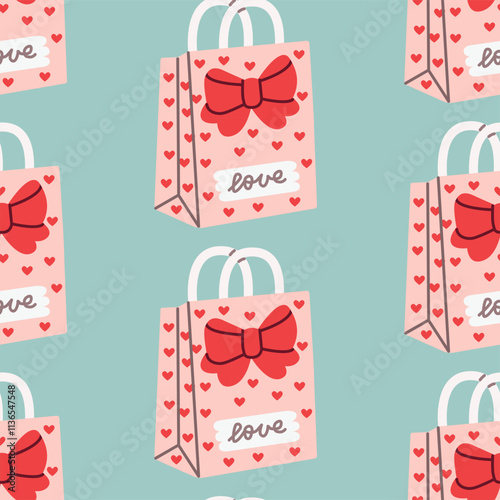 Flat style seamless pattern of Valentine's Day gift bags with hearts, red bow, and love text. Perfect for holiday packaging, wrapping paper, and romantic designs.