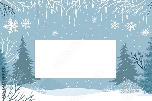 A winter wonderland scene with a soft pastel blue background, frosted fir trees, and icicles hanging from the top edge