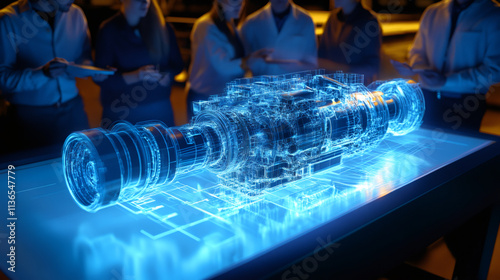 Team of engineers analyzing a futuristic engine using holographic projection in a dimly lit laboratory