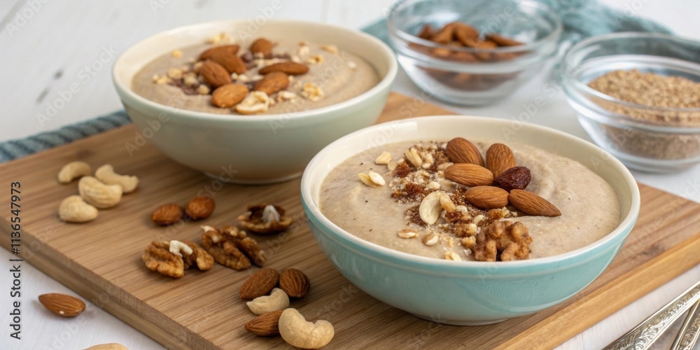 Two bowls of creamy nut-based oatmeal topped with almonds and cashews, served on a wooden board with additional nuts and ingredients in the background. Two bowls of creamy nut-based oatmeal topped with almonds and cashews, served on a wooden board with additional nuts and ingredients in the background.