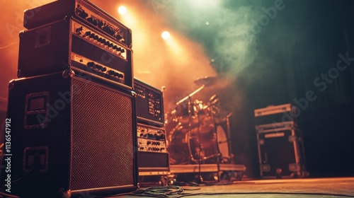 concert stage guitar amps and drum kit photo