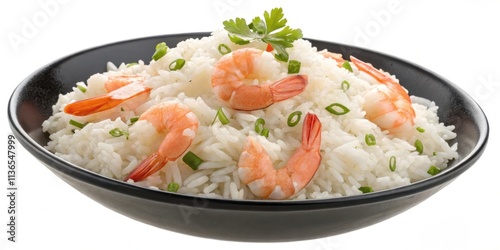 A delicious serving of shrimp and rice garnished with green onions, presented in a black bowl.