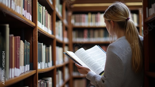 young woman reading book in library