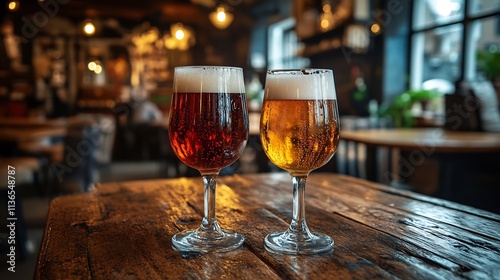 Wallpaper Mural Two glasses of refreshing beer on a cozy wooden table in a pub or restaurant setting Torontodigital.ca