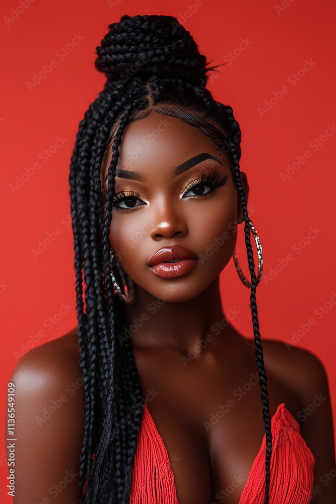 stunning portrait of woman with long braided hair, wearing bold makeup and hoop earrings, set against vibrant red background. Her confident expression captivates viewer stunning portrait of woman with long braided hair, wearing bold makeup and hoop earrings, set against vibrant red background. Her confident expression captivates viewer