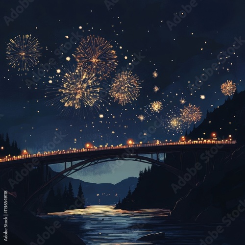 Scenic Night Fireworks over River Bridge, Festive Celebration with Starry Sky
 photo