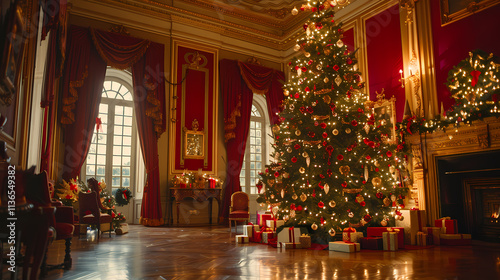 Christmas Elegance: A grand, opulent living room, adorned with festive decorations and a magnificent Christmas tree, captures the essence of a luxurious holiday celebration. 