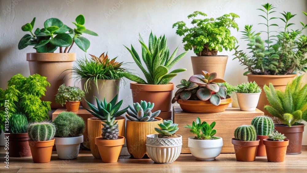 A vibrant collection of potted succulents and cacti, arranged on a wooden surface, showcasing a variety of textures and shades of green A vibrant collection of potted succulents and cacti, arranged on a wooden surface, showcasing a variety of textures and shades of green