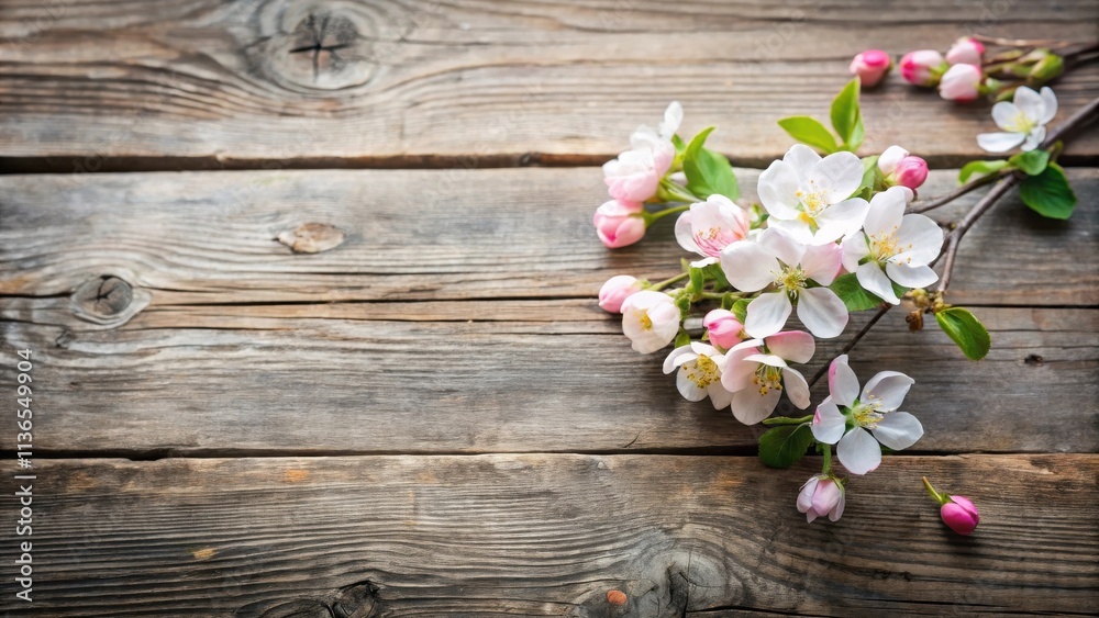 Delicate Spring Blossoms Arranged on Rustic Wooden Surface Delicate Spring Blossoms Arranged on Rustic Wooden Surface