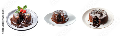 Decadent chocolate lava cake served elegant plates, garnished with mint and berries, showcasing rich molten center and dusted with powdered sugar
