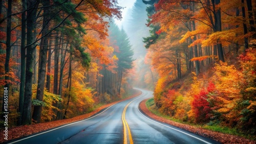 Scenic autumn roadway winding through a vibrant forest, showcasing the beauty of fall foliage