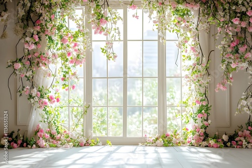 Background wedding with floral and the view outside from windows generative AI	 photo