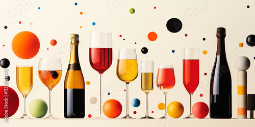 Colorful drinks in various glasses are displayed against vibrant backdrop of circles, creating festive and lively atmosphere. arrangement showcases variety of beverages, including champagne and cockta photo