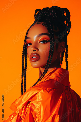 A striking portrait of woman with intricate braids and bold makeup, set against vibrant orange background. Her confident expression and stylish attire create captivating visual impact