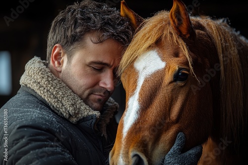 A veterinarian examining a horse in a stable. Generative AI photo