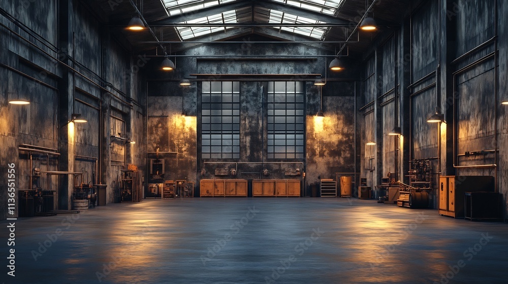 Empty Vast Industrial Warehouse or Factory Interior with Antique Architectural Features Empty Vast Industrial Warehouse or Factory Interior with Antique Architectural Features