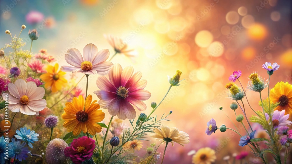 Obraz premium Vibrant Wildflower Meadow at Golden Hour, a Stunning Floral Display of Nature's Beauty