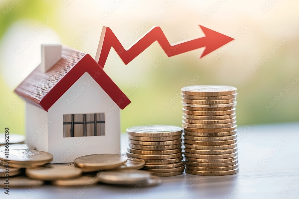Small model house with a red roof and upward trend arrow next to stacks of coins representing real estate investment and market growth in finance and economics Small model house with a red roof and upward trend arrow next to stacks of coins representing real estate investment and market growth in finance and economics