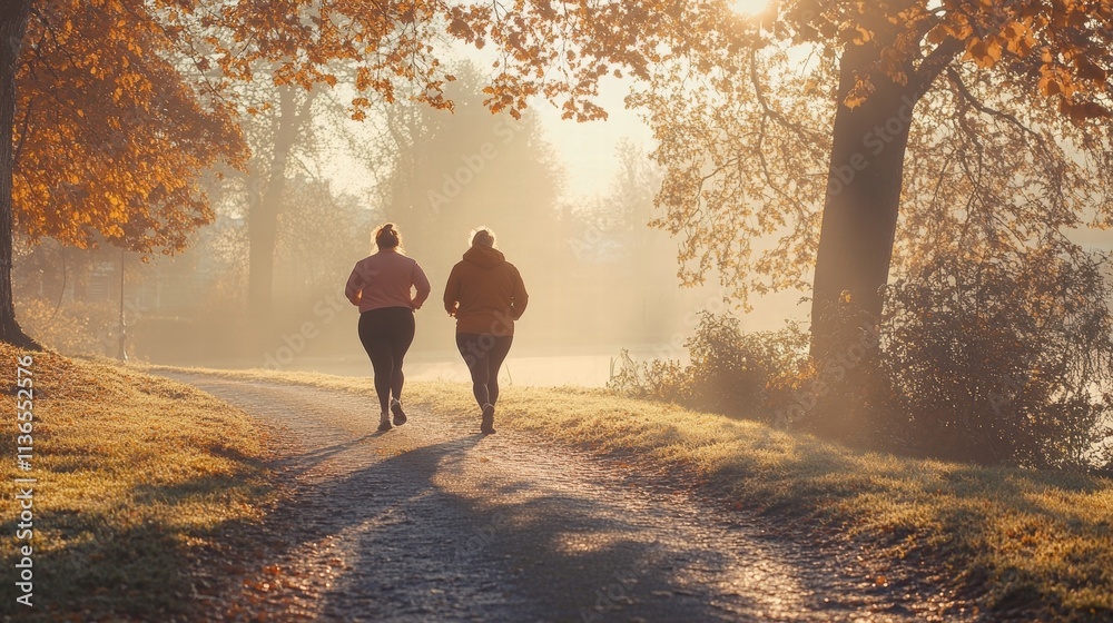 women jogging in autumn park at sunrise women jogging in autumn park at sunrise