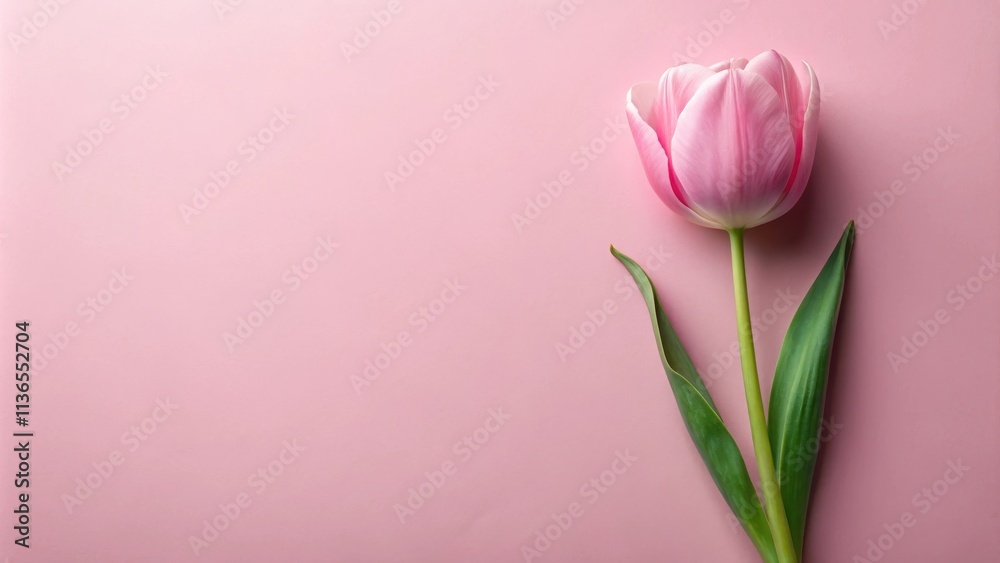 Obraz premium A single pink tulip blossom on a pale pink background; a minimalist floral design concept