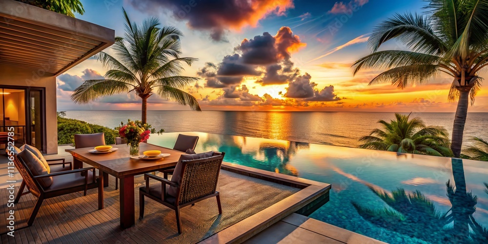 Fototapeta premium Luxurious Tropical Resort Patio: Ocean View Private Pool Getaway