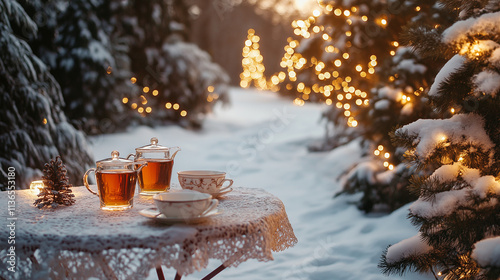 Scenic outdoor setup with a table of tea, surrounded snow covered trees, twinkling lights, and wintry details photo