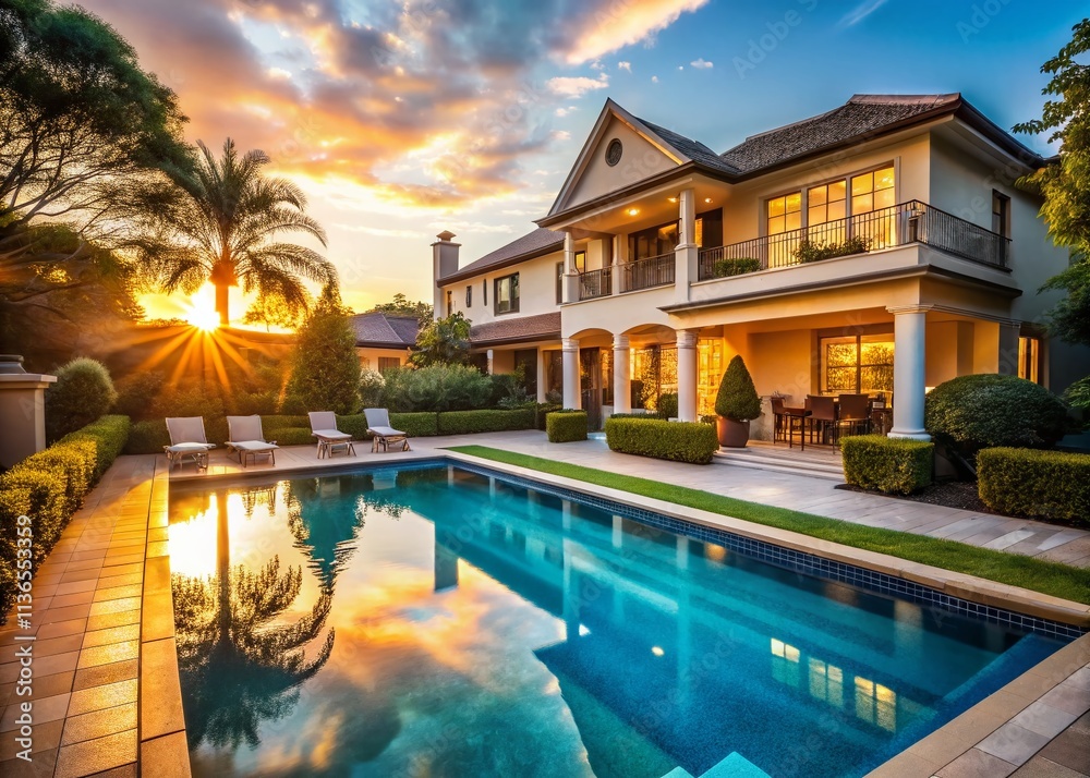 Fototapeta premium Luxury Poolside Mansion: Dream Home Estate Photography