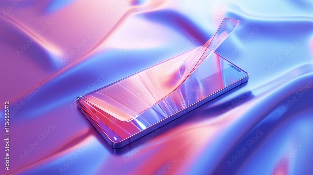 Futuristic smartphone on iridescent holographic surface. Modern tech, digital atmosphere. Future style Futuristic smartphone on iridescent holographic surface. Modern tech, digital atmosphere. Future style