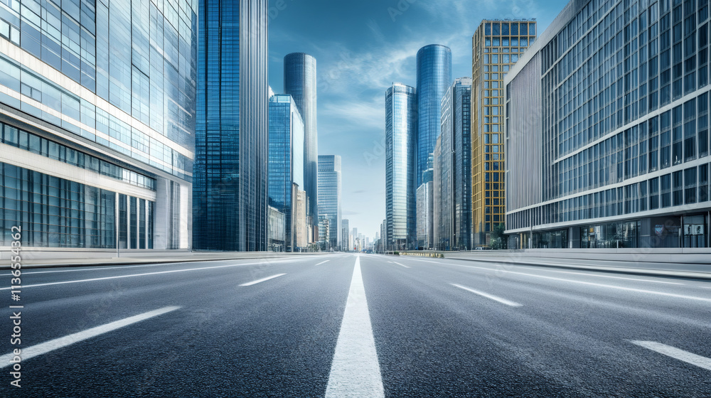 Featuring an empty asphalt road lined by modern skyscrapers, showcasing a vibrant cityscape against a clear blue sky in shanghai Featuring an empty asphalt road lined by modern skyscrapers, showcasing a vibrant cityscape against a clear blue sky in shanghai