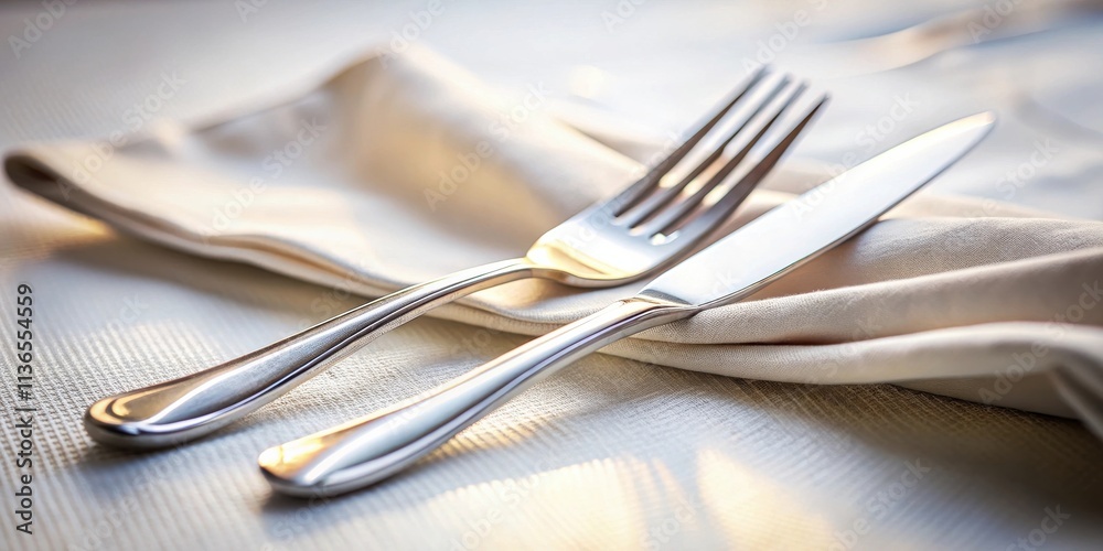 Elegant silverware rests on a pristine, cream-colored linen napkin. Elegant silverware rests on a pristine, cream-colored linen napkin.