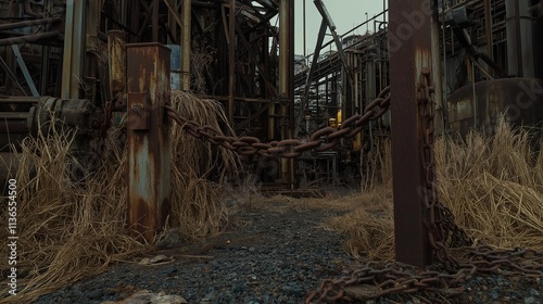 Closed factory gate with chain and padlock, symbolizing the end of an era and the transition to new beginnings. Industrial decline and the shift towards modernization and renewal.