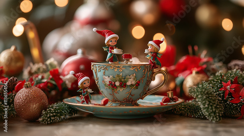 Playful scene with a miniature tea set and elf figurines enjoying a festive