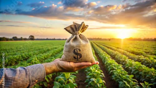 agricultural landscape, green crop rows, sunset sky, hand holding burlap money bag, golden sunlight, farm fields, cloudy horizon, financial concept, rural economy, harvest time
