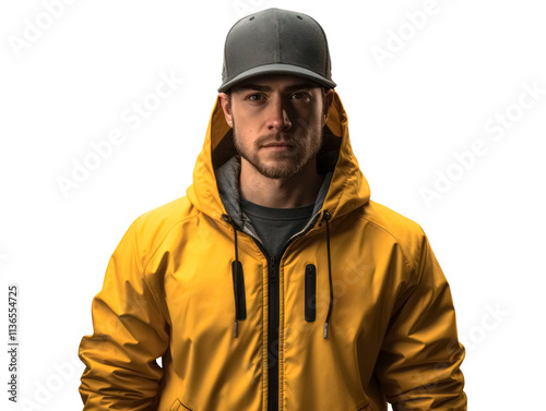 Closeup of a man in a yellow hooded jacket and gray cap on a white background, isolated and clean, showcasing casual outdoor fashion concept. Ai generative. photo