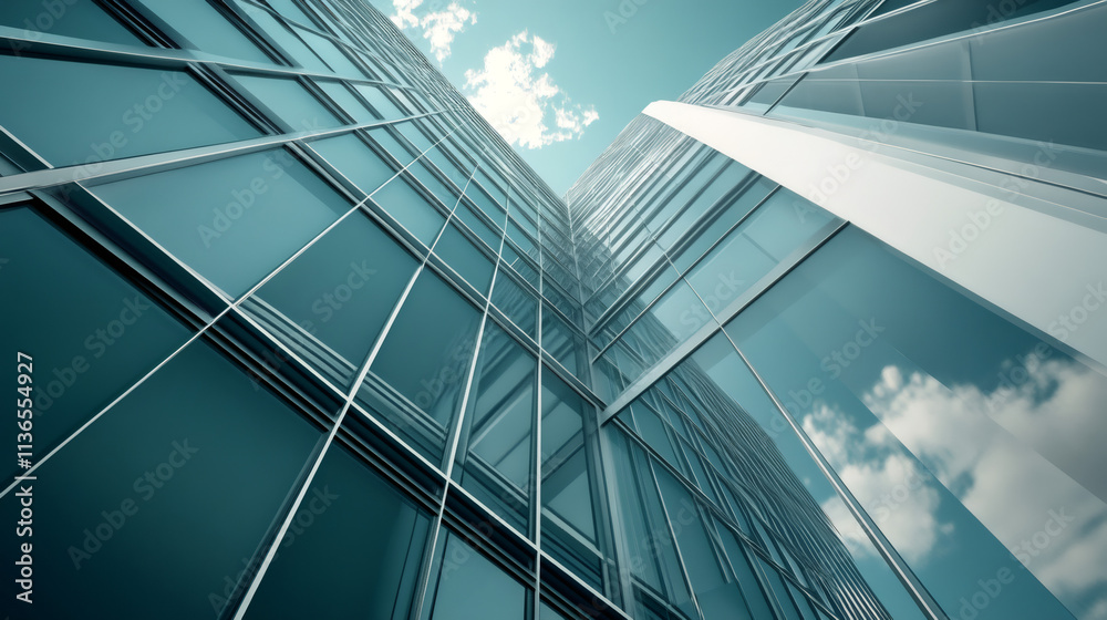 Obraz premium Urban architecture and design: modern glass skyscrapers reaching towards the cloudy sky from a low angle view
