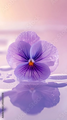Elegant Purple Pansy Reflected on Glass Panel with Purple Backdrop