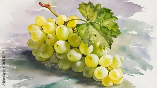 Watercolor painting of green grapes with a leaf photo