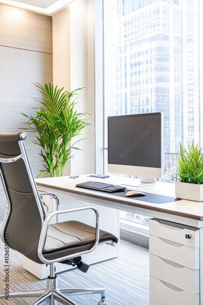 Fototapeta premium A clean and organized office with a large window and a potted plant