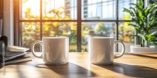 Two White Mugs on Wooden Table with Sunlit Window Background, coffee, mug, office, Generative Ai