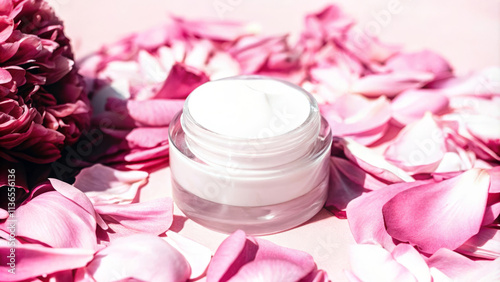 Cosmetic cream moisturizer presentation with pink peonies flowers petals all over around. Natural luxury flower scented product for skin care.