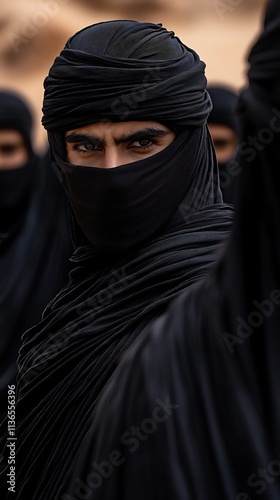 Mysterious Warrior Ensemble in Desert Backdrop with Aesthetic