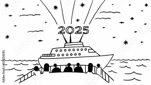 A nighttime celebration on a cruise ship with "2025" laser projections over the ocean.