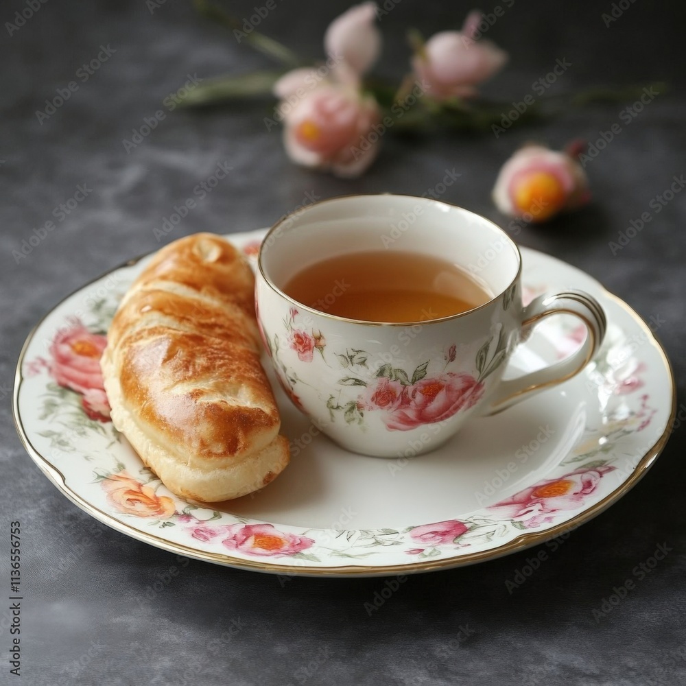 Tea in Floral Teacup with Pastry on Elegant Plate Tea in Floral Teacup with Pastry on Elegant Plate