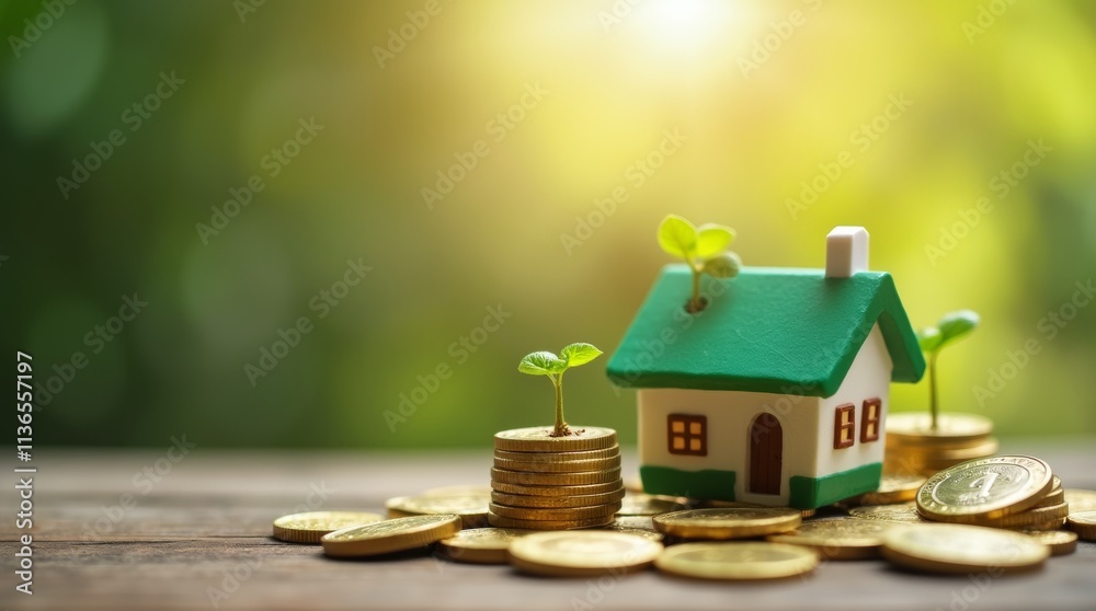 A miniature green house sits atop a pile of gold coins, with small plants sprouting nearby, illuminated by a soft light. This symbolizes growth, investment, and financial prosperity in sustainable A miniature green house sits atop a pile of gold coins, with small plants sprouting nearby, illuminated by a soft light. This symbolizes growth, investment, and financial prosperity in sustainable