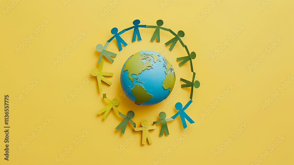 Global Unity: Paper chain of diverse figures encircling a miniature Earth on a vibrant yellow background. A symbolic image representing unity, global cooperation, and environmental consciousness. Global Unity: Paper chain of diverse figures encircling a miniature Earth on a vibrant yellow background. A symbolic image representing unity, global cooperation, and environmental consciousness.
