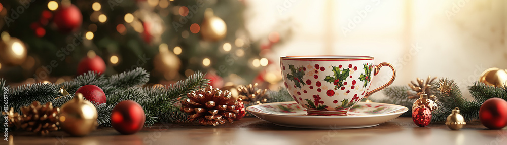 Tea set with holly patterns, next to a Christmas tree, surrounded by ornaments Tea set with holly patterns, next to a Christmas tree, surrounded by ornaments