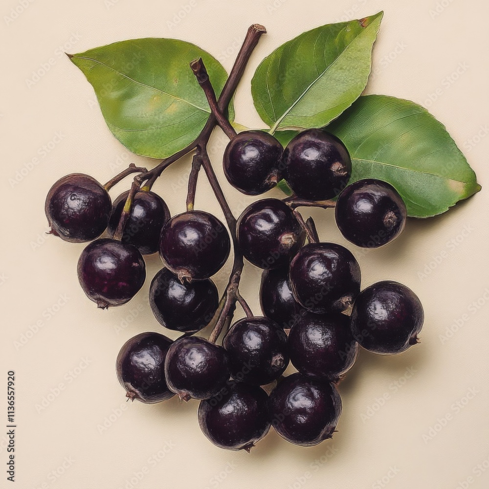 Realistic Botanical Illustration of Black Cherries on Branch Realistic Botanical Illustration of Black Cherries on Branch
