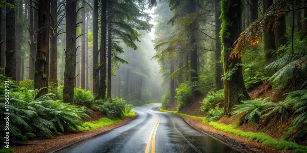 Obraz premium Scenic Winding Road Through Lush Evergreen Forest on a Misty Day