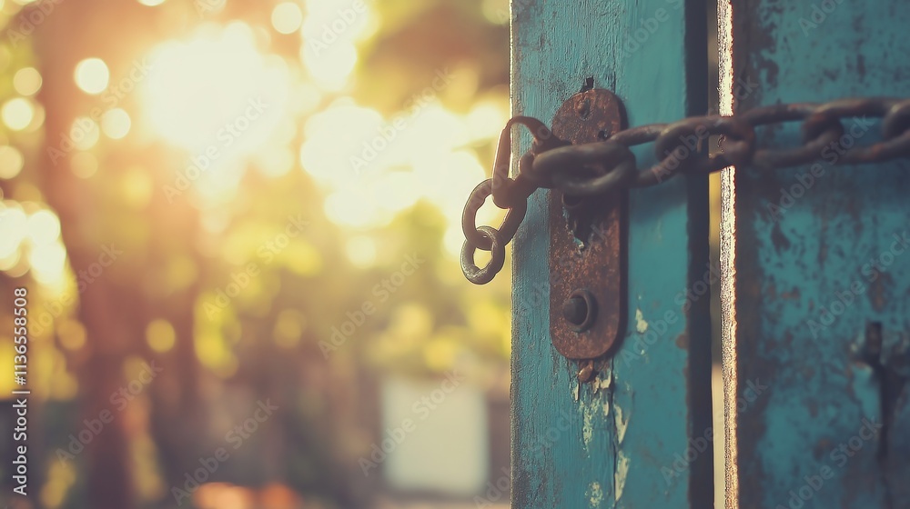Closed factory gate with chain and padlock, symbolizing the end of an era and the transition to new beginnings. Industrial decline and the shift towards modernization and renewal. Closed factory gate with chain and padlock, symbolizing the end of an era and the transition to new beginnings. Industrial decline and the shift towards modernization and renewal.