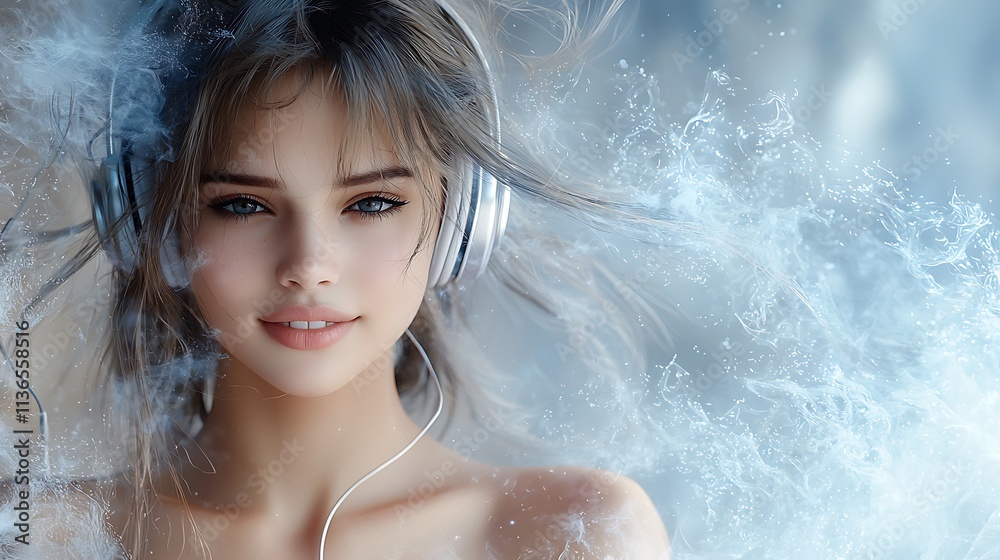 Elegant hyper-realistic depiction of a smiling woman surrounded by glowing grey smoky energy, futuristic headphones on, making direct eye contact, luminous background, Ultra-Realistic, Photo Elegant hyper-realistic depiction of a smiling woman surrounded by glowing grey smoky energy, futuristic headphones on, making direct eye contact, luminous background, Ultra-Realistic, Photo